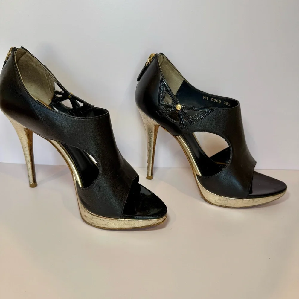 Christian Dior Lolita Black Leather Cutout Open Toe Sandal W Silver Heel Sz 38.5